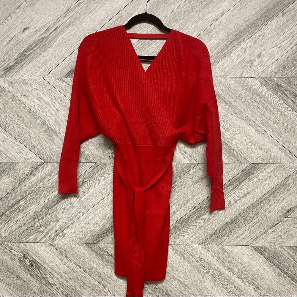 New! Red V Neck Wrap Ribbed Cashmere Sweater Dress - Picture 6 of 8